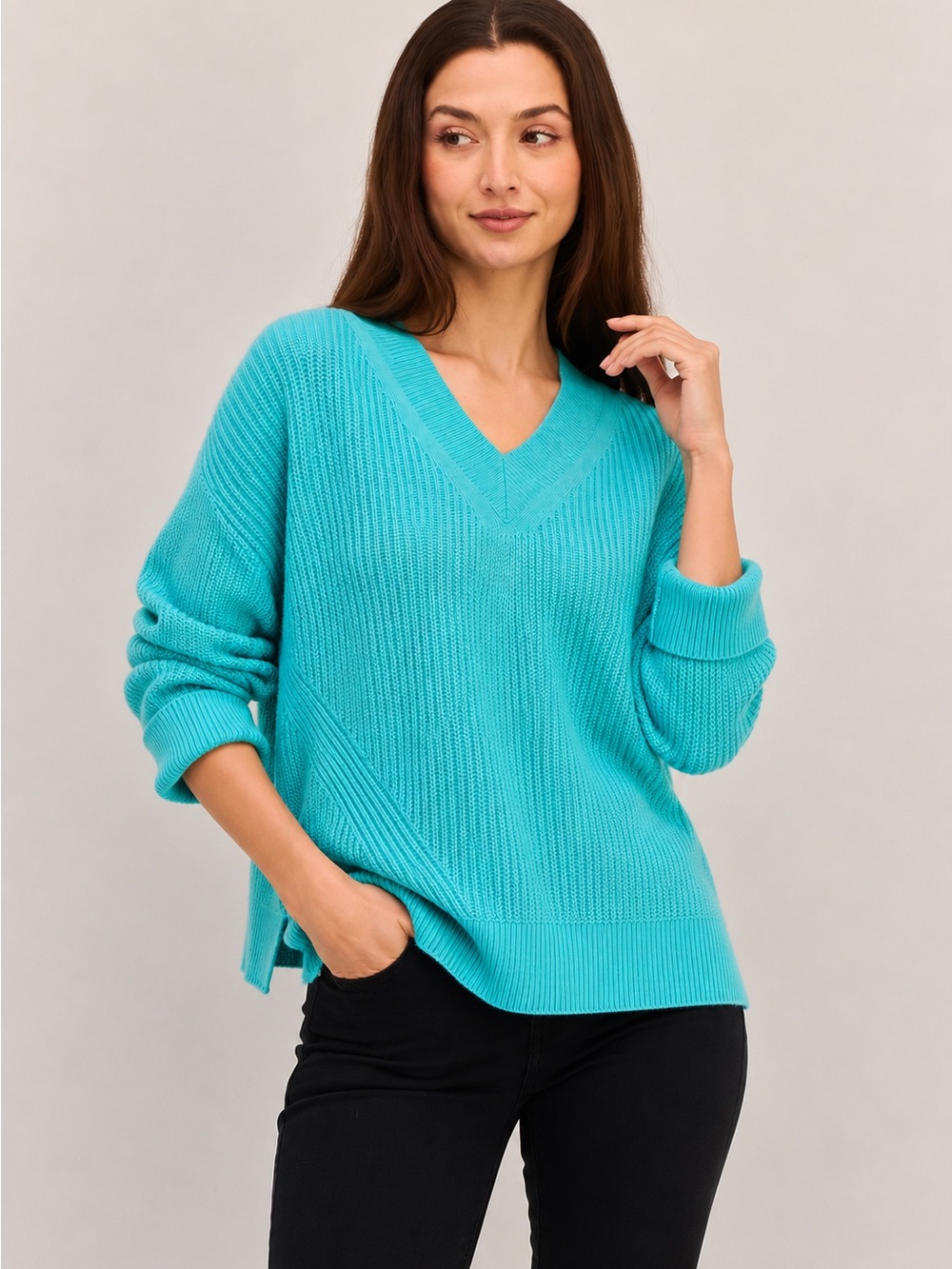 Massimo Dutti Ribbed Cotton V Neck Sweater Turquoise Blue Knit Women Size M